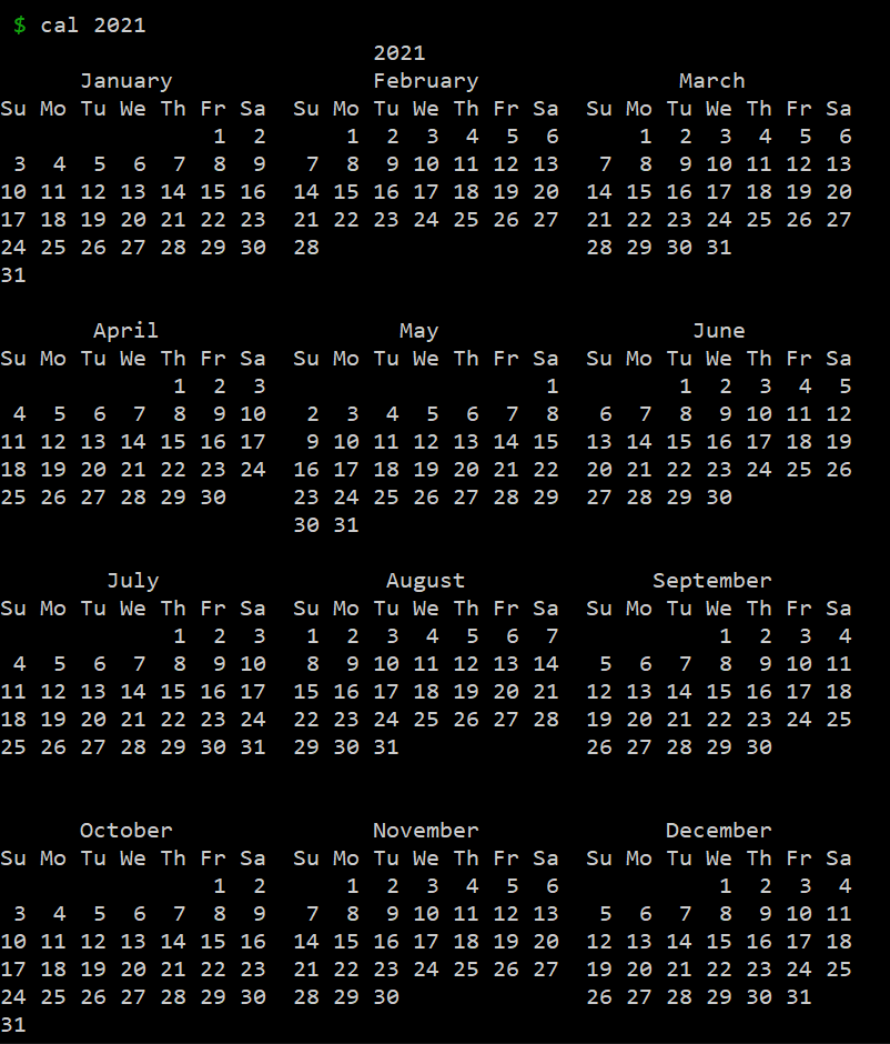 Year 2021 Calendar using bash command.